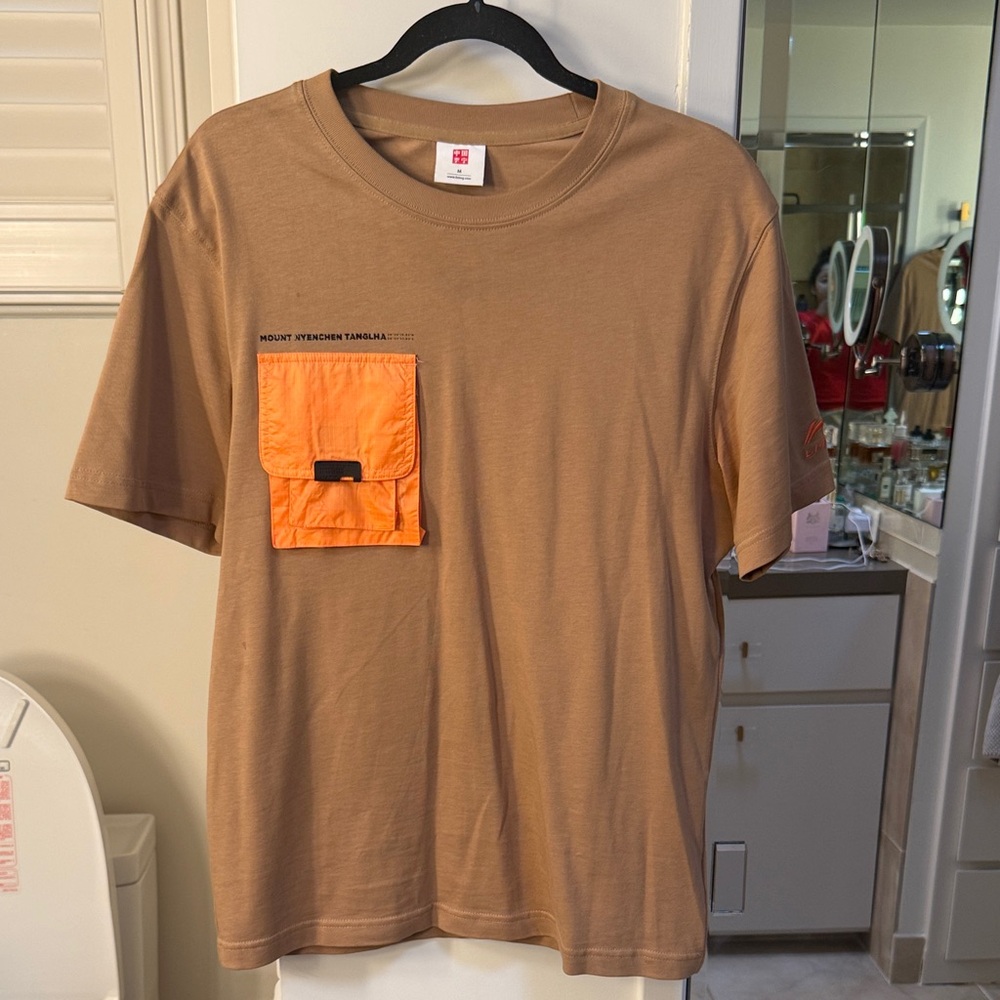 Men's Brown T-Shirt with Orange Pocket